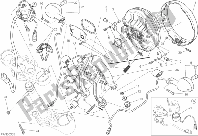 All parts for the Headlight of the Ducati Scrambler Sixty2 Thailand USA 400 2019